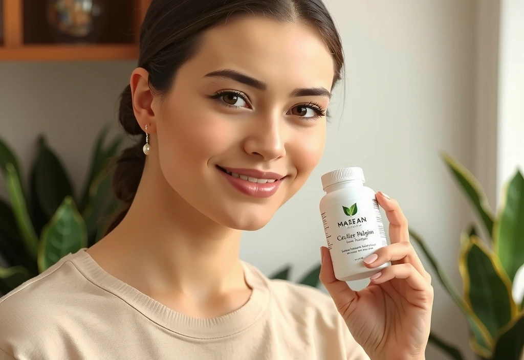 Donna sorridente che tiene un integratore naturale, sullo sfondo piante e luce naturale