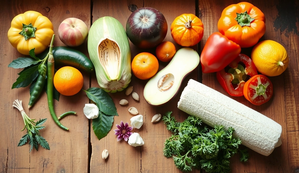 Varietà di frutta, verdura e piante medicinali su un tavolo di legno